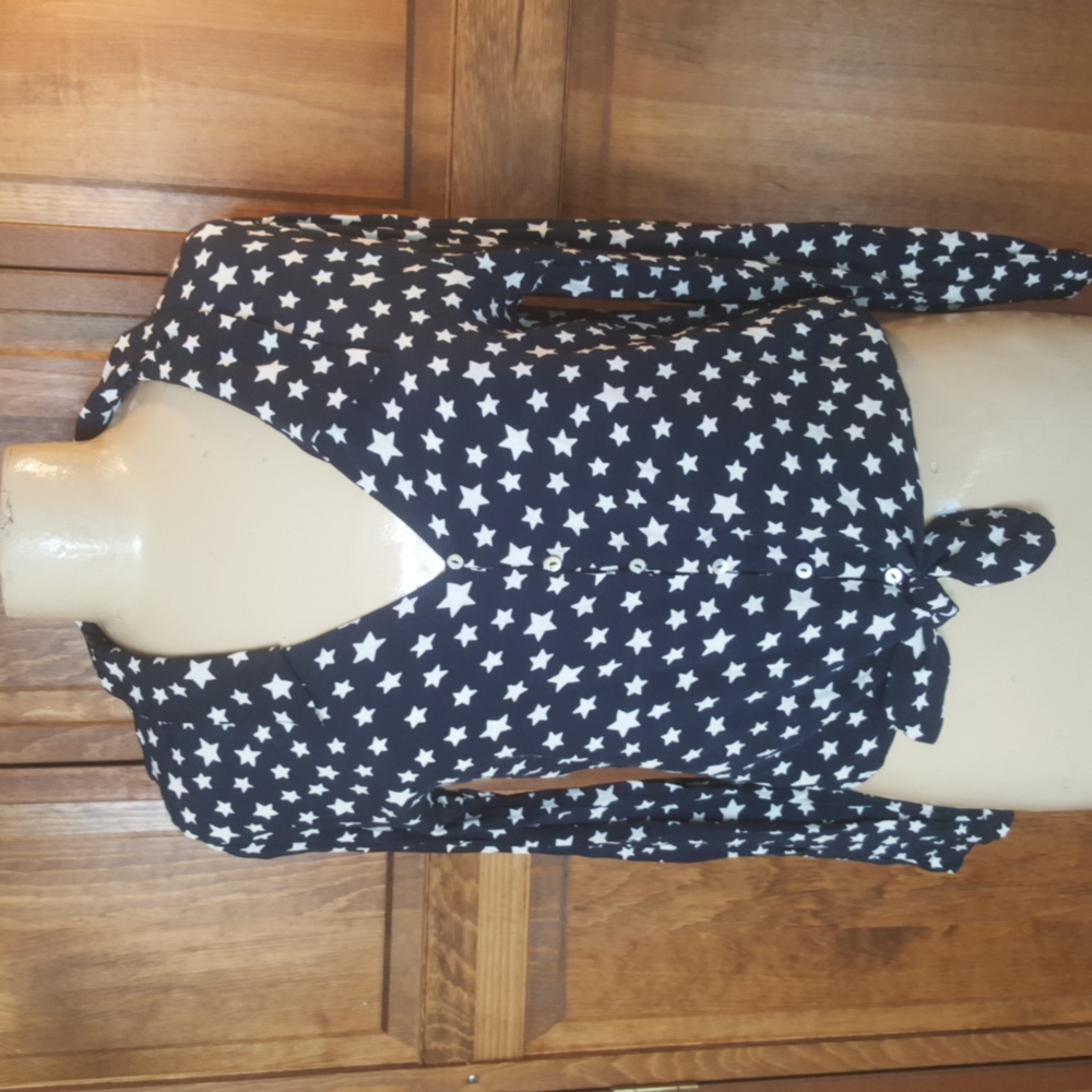Zara Navy Lightweight Star Print Tie Front Blouse Top Sz M